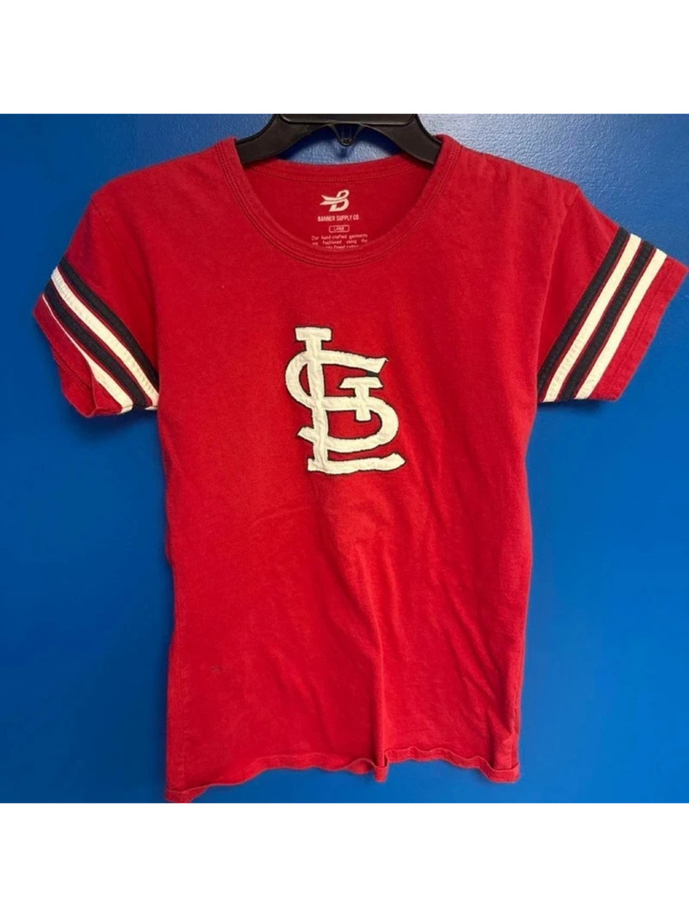 Red St. Louis Cardinals tee with white and black striped sleeves #baseball #stl